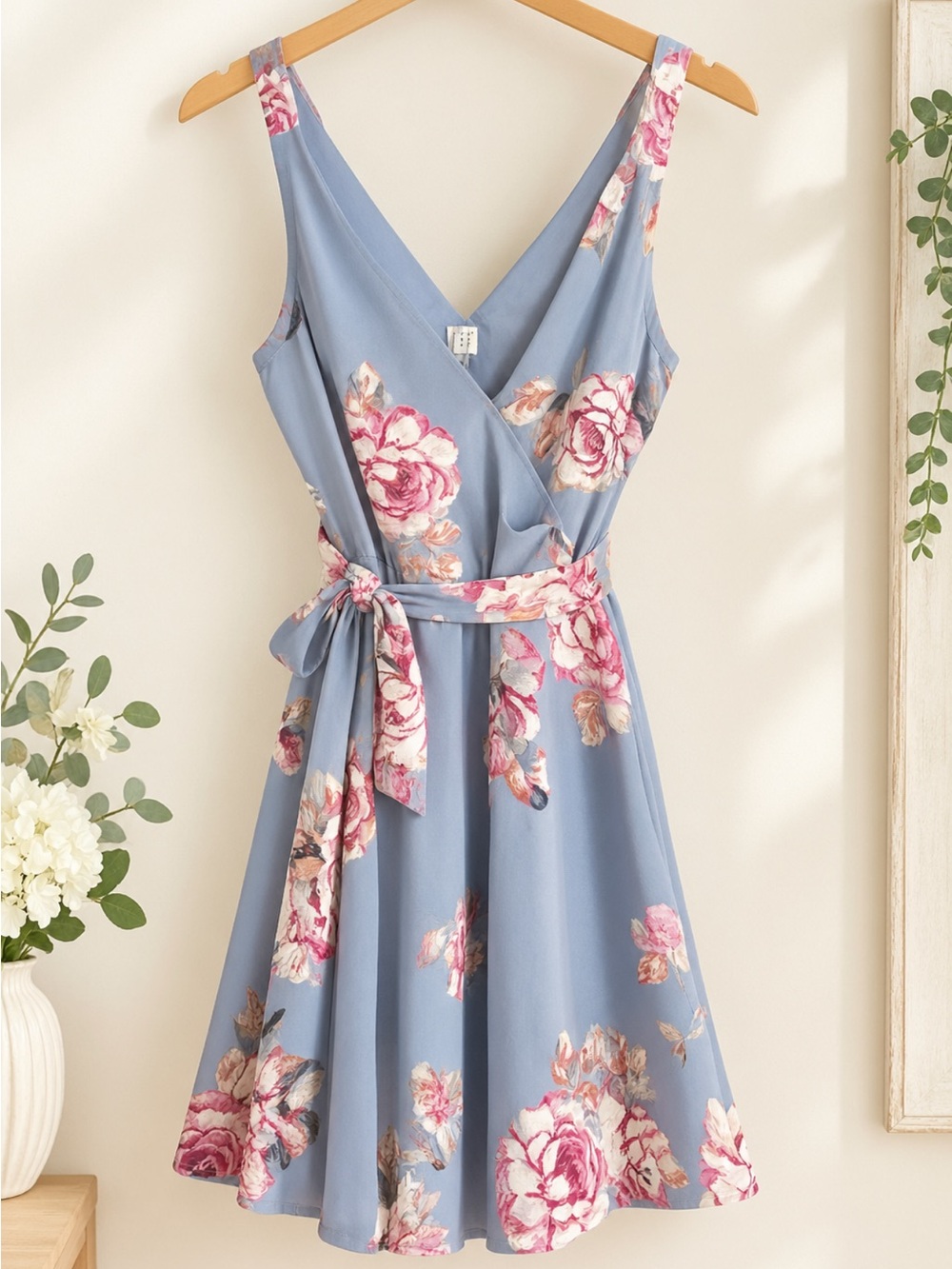 Floral Wrap Mini Dress in Dusty Blue with Pink Blooms